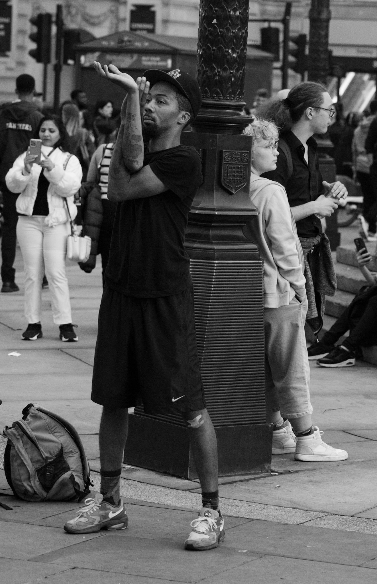 Street performer speaking into a microphone