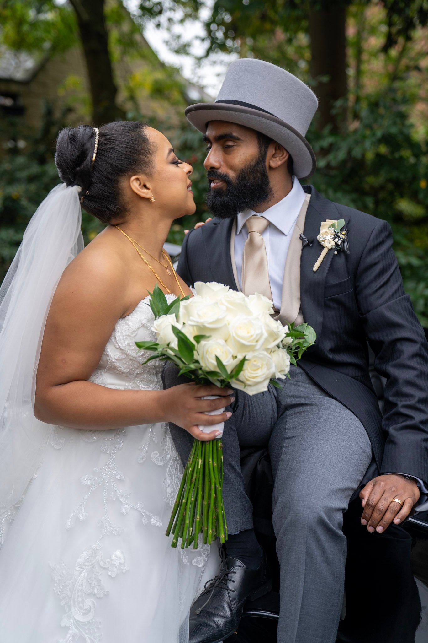 Bride and groom seated together