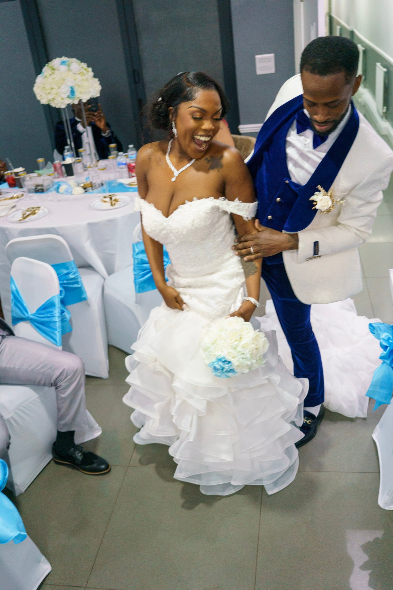 Newlyweds smiling as they walk together