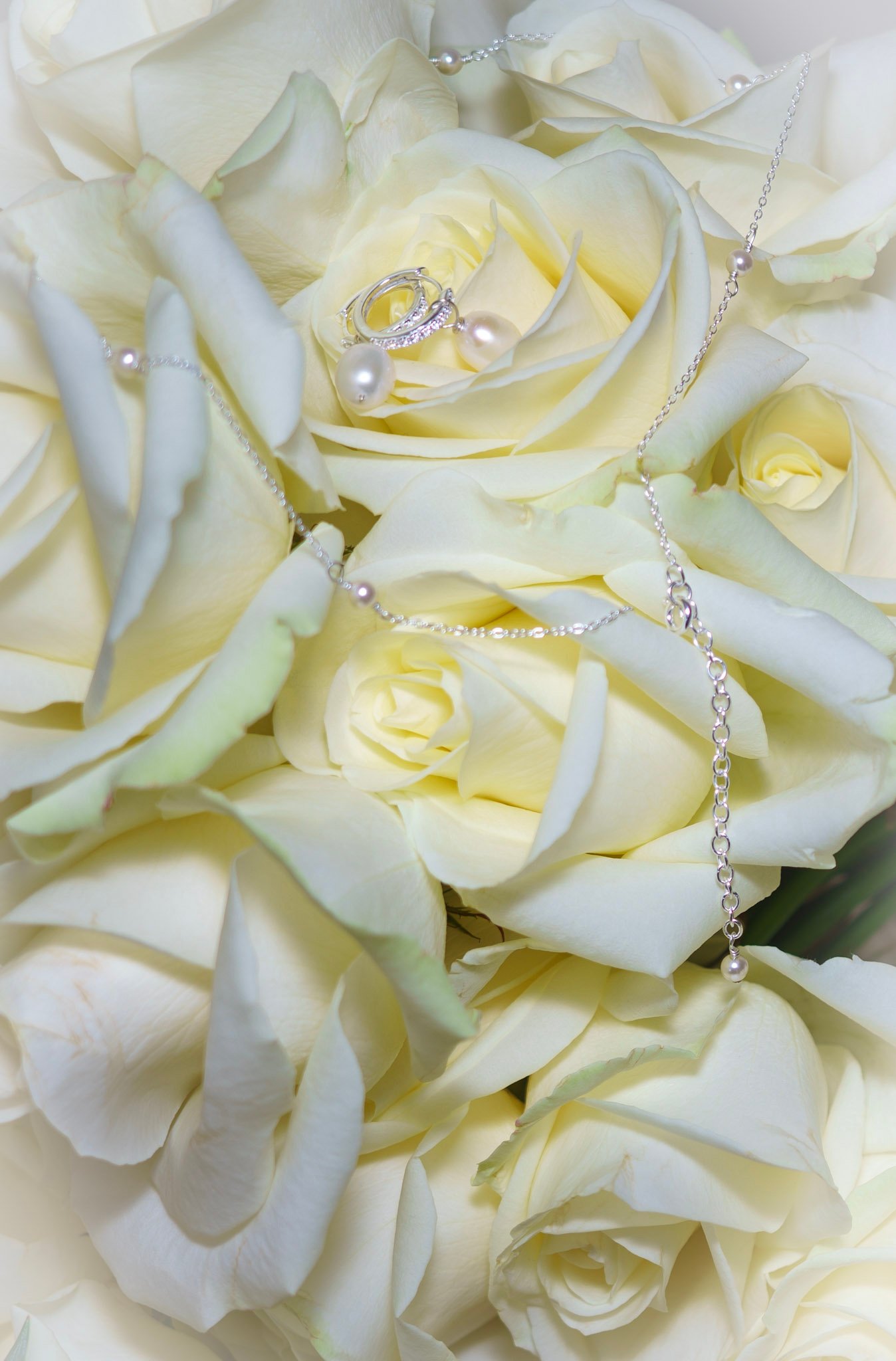 Wedding rings arranged among white roses